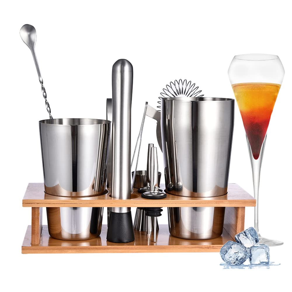 FUYTERY 11 Pieces Boston Bar Bartender Kit Cocktail Shaker Stainless Steel Set with Sleek Bamboo Tray