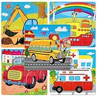 Lavigo Wooden Puzzles for Kids, Kids Jigsaw Toys, Preschool Educational, 5 Pack Transportation Jigsaw Puzzles for Ship Car School Bus Ambulance Excavator, Children Learning Present (16 Pieces Puzzle)