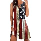 AIMITAG American Flag Tank Dresses for Women USA Flag Stars and Stripes Patriotic July 4th Keyhole Neckline Beach Sundress
