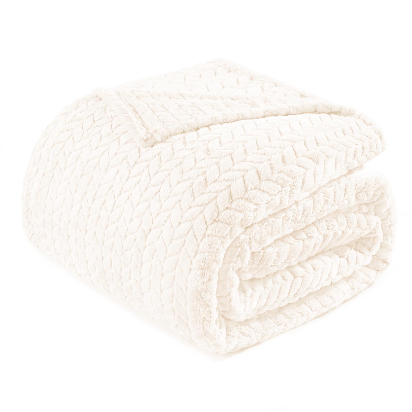 Exclusivo Mezcla King Size Flannel Fleece Blanket, 230x265 CM Soft Jacquard Weave Leaves Pattern Velvet Plush Bed Blanket, Ivory Blanket