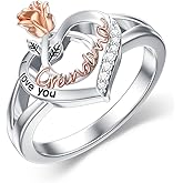 POPKIMI Grandma Ring With Rose Flower - I Love You Jewelry Gift for Grandmother - 925 Sterling Silver Love Heart Ring for Women's Birthday