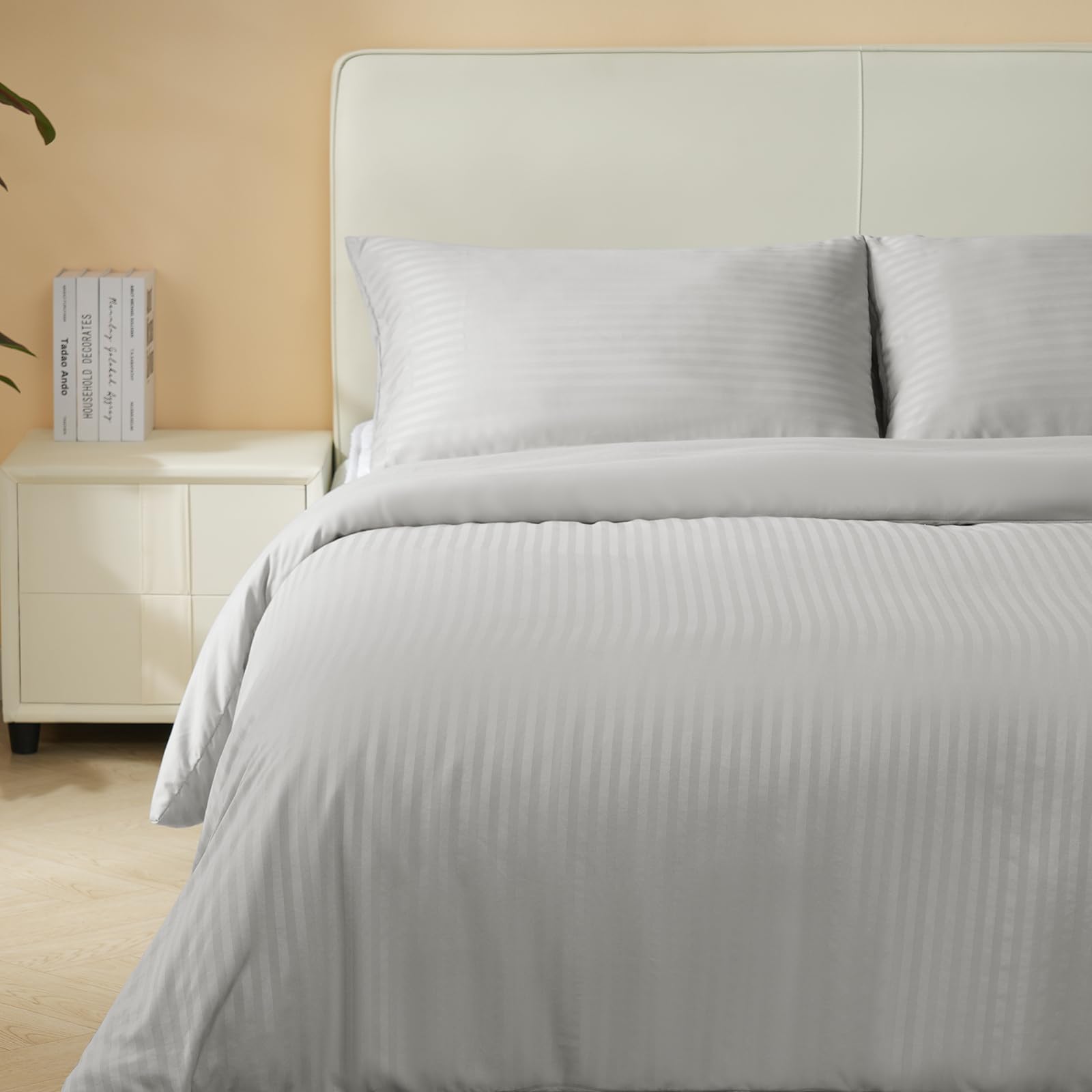 Good Nite King Duvet Cover Polyester Striped Satin Duvet Cover Set Duvet Sets with 2 Pillowcases Skin Friendly and Soft Machine Washable (Light Gray, King 230 * 220cm)