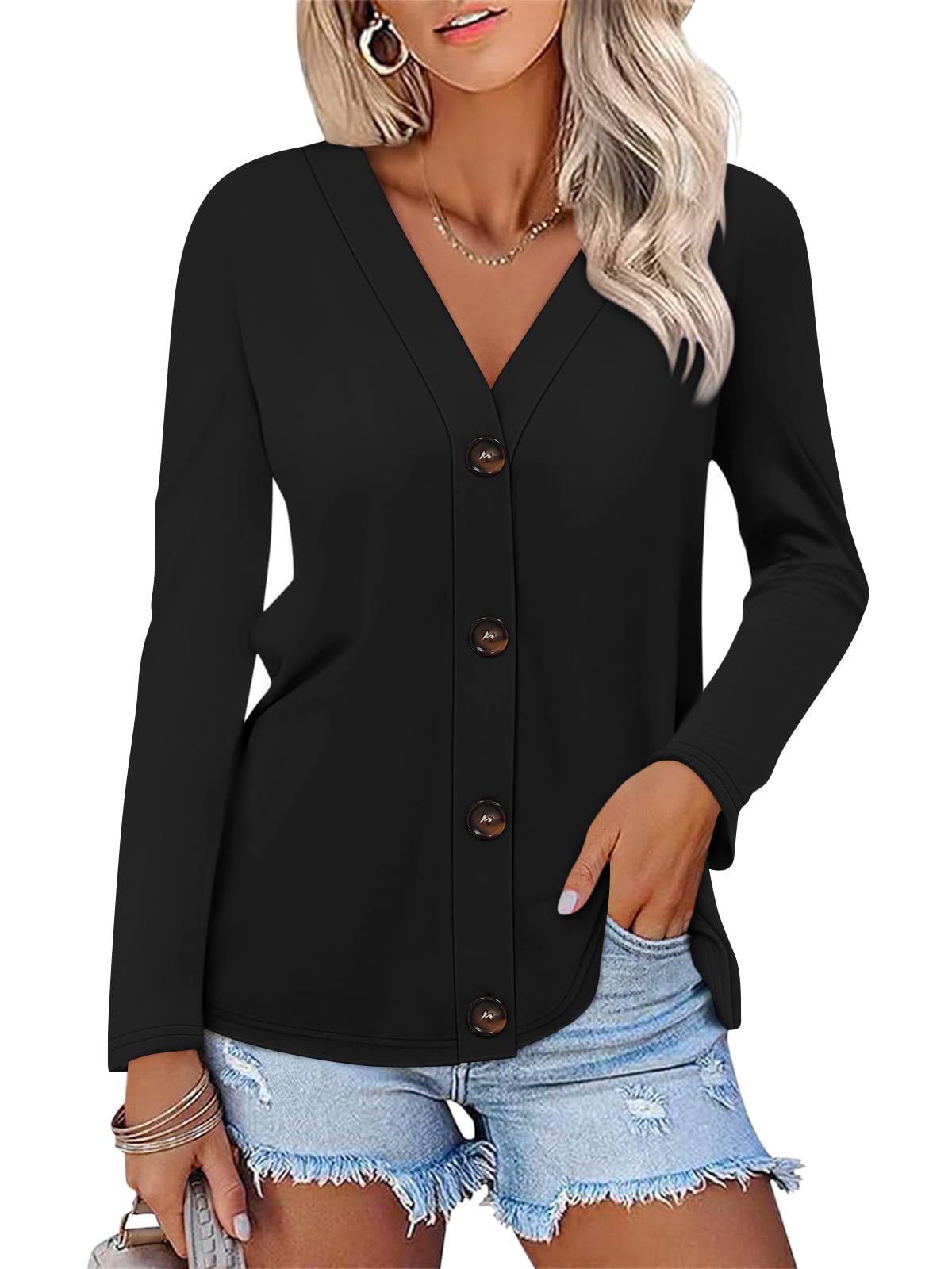Photo 1 of 2XL. TICTICMISS Womens Button Down Shirts Long Sleeve V Neck Tops Casual Fall Tunics Tops Loose Fit Black