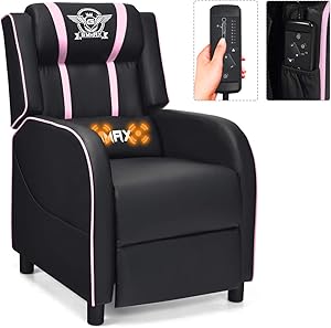 GYMAX Massage Gaming Recliner Chair, Adjustable Racing Style Single Lounge Sofa with Footrest and Massage Function Modern Living Room Recliner PU Leather Home Theater Seating (Pink)