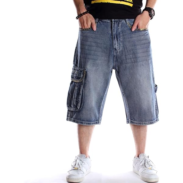Men's Cargo Pockets Denim Baggy Short Hip Hop Side Pocket Jean