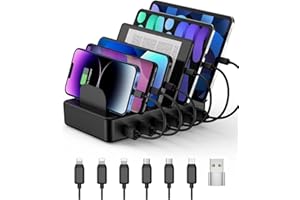 CREATIVE DESIGN 50W 6 Ports Multi Charger Station with 6 Charging Cables, USB Charging Dock for Multiple Devices, Compatible with Cellphone iPad Kindle Tablet and Other Electronic Devices