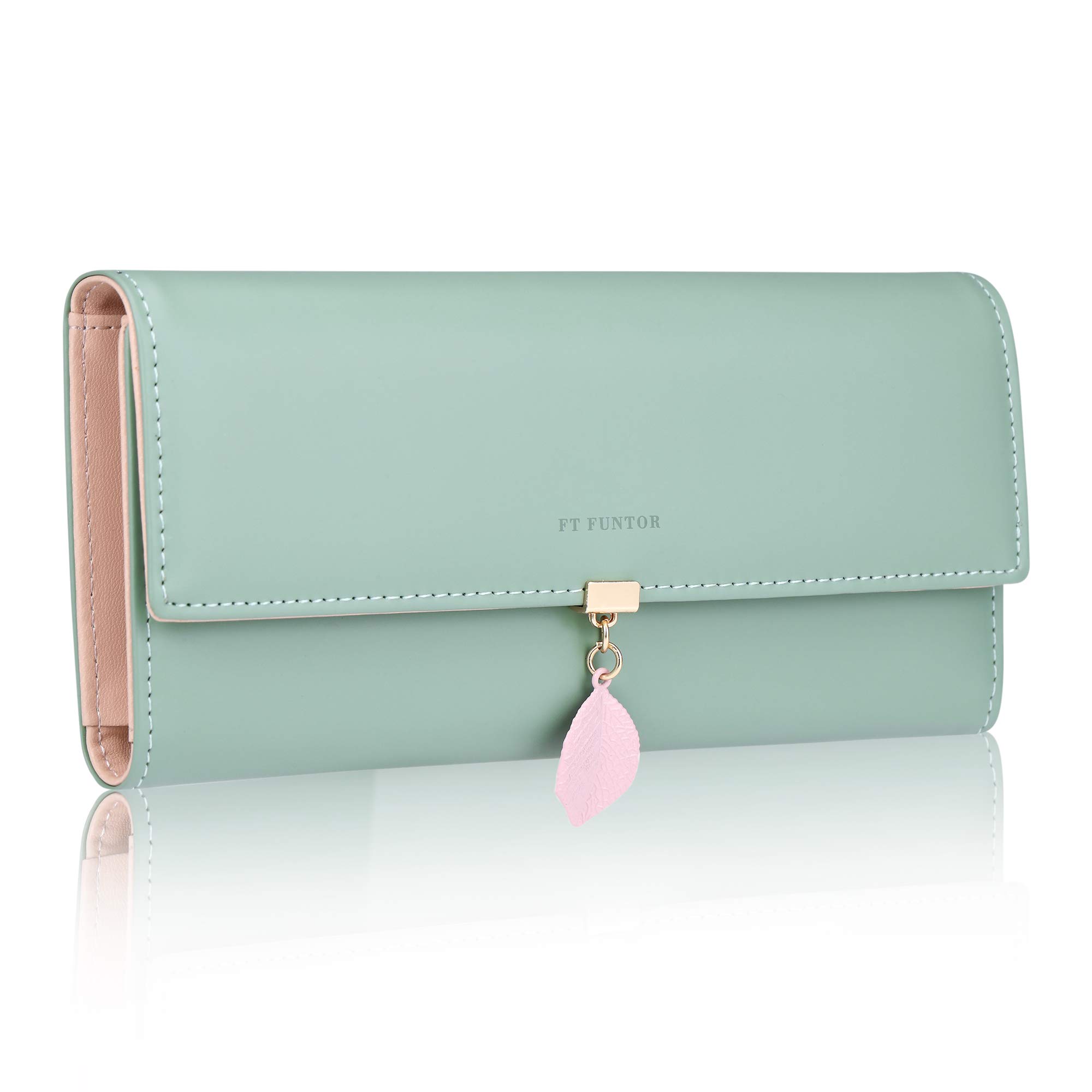 FT FUNTOR PU Leather Wallet for Women RFID Blocking Ladies Leaf Pendant Coin Zipper Long Purse with Multiple Card Slots and Card Holders Phone Pocket (Green)