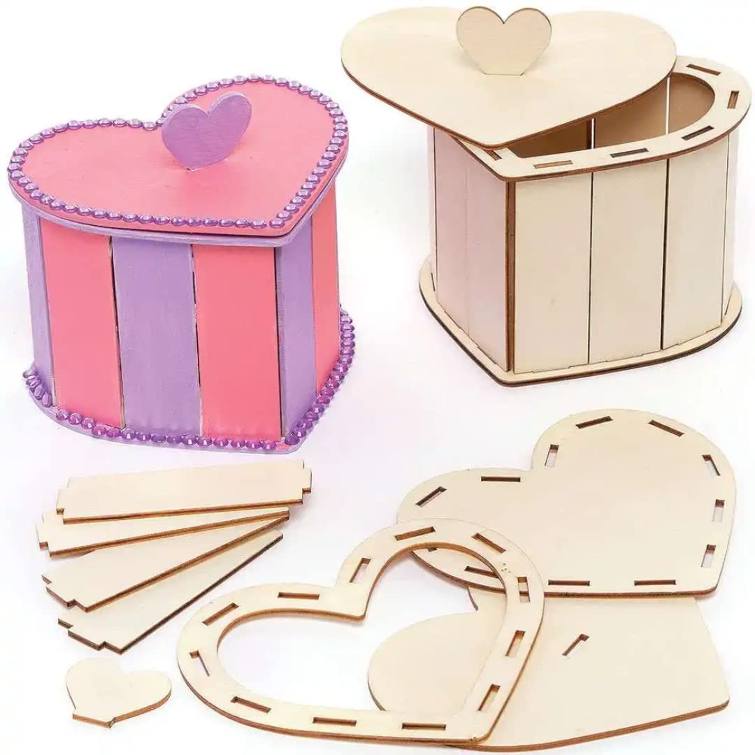 Baker Ross Heart Wooden Box Kits - Pack of 3, Wood Valentines Crafts for Children (FC431)