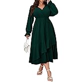 SHESTARR Womens Plus Size Wedding Guest Cocktail Maxi Dress Faux Wrap V Neck Long Sleeve Ruffle Hem Split Long Dress