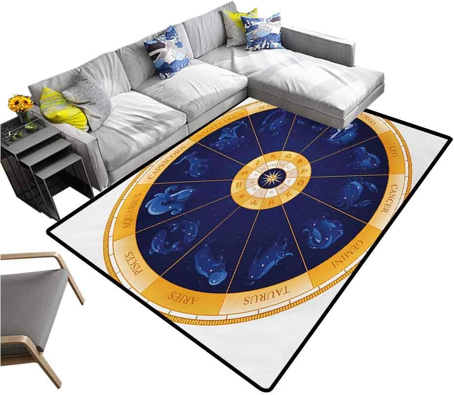 Astrology Carpet mat Natal Birth Chart Zodiac Horoscope Signs in Wheel Shape with Dots Stars Printing Rug Pads Blue White Orange (6'x9')