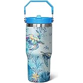 qwpmvhsak 30 Oz Sea Turtle Tumbler with Handle Lid and Flip Straw,Double Wall Vacuum Stainless Steel Watercolor Ocean Turtle Cup,Water Bottle,Travel Coffee Mug,Hawaiian Sea Turtle Decor,Accessories
