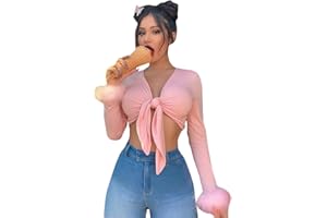 JUMISEE Women Sexy Tie Up Feather Cuff Crop Top Deep V Neck Long Sleeve Shirt Faux Fur Wrapped Blouse