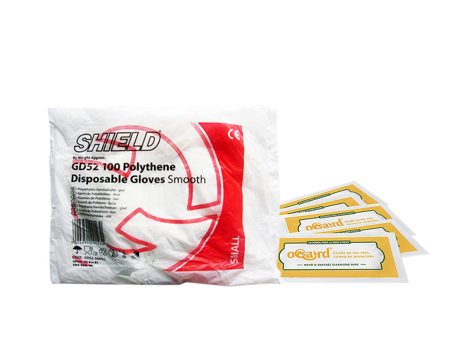 Shield Polythene Disposable Gloves and Oqard Cleansing Wipes (10 pack of gloves, Small)