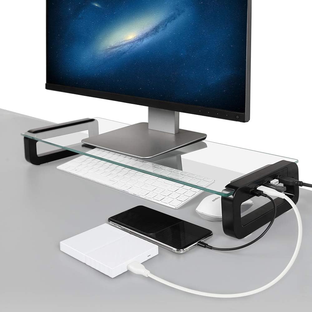 Monitor Stand Riser, Dreamsoule 4Port USB 3.0 Hub Tempered Glass