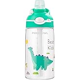 PHEENOWL Kids Water Bottle with Straw & Handle - 16oz/480ml Tritan Renew, BPA Free, Leakproof, Dishwasher Safe Water Bottle for School, Travel - Girls & Boys (Green Dino)