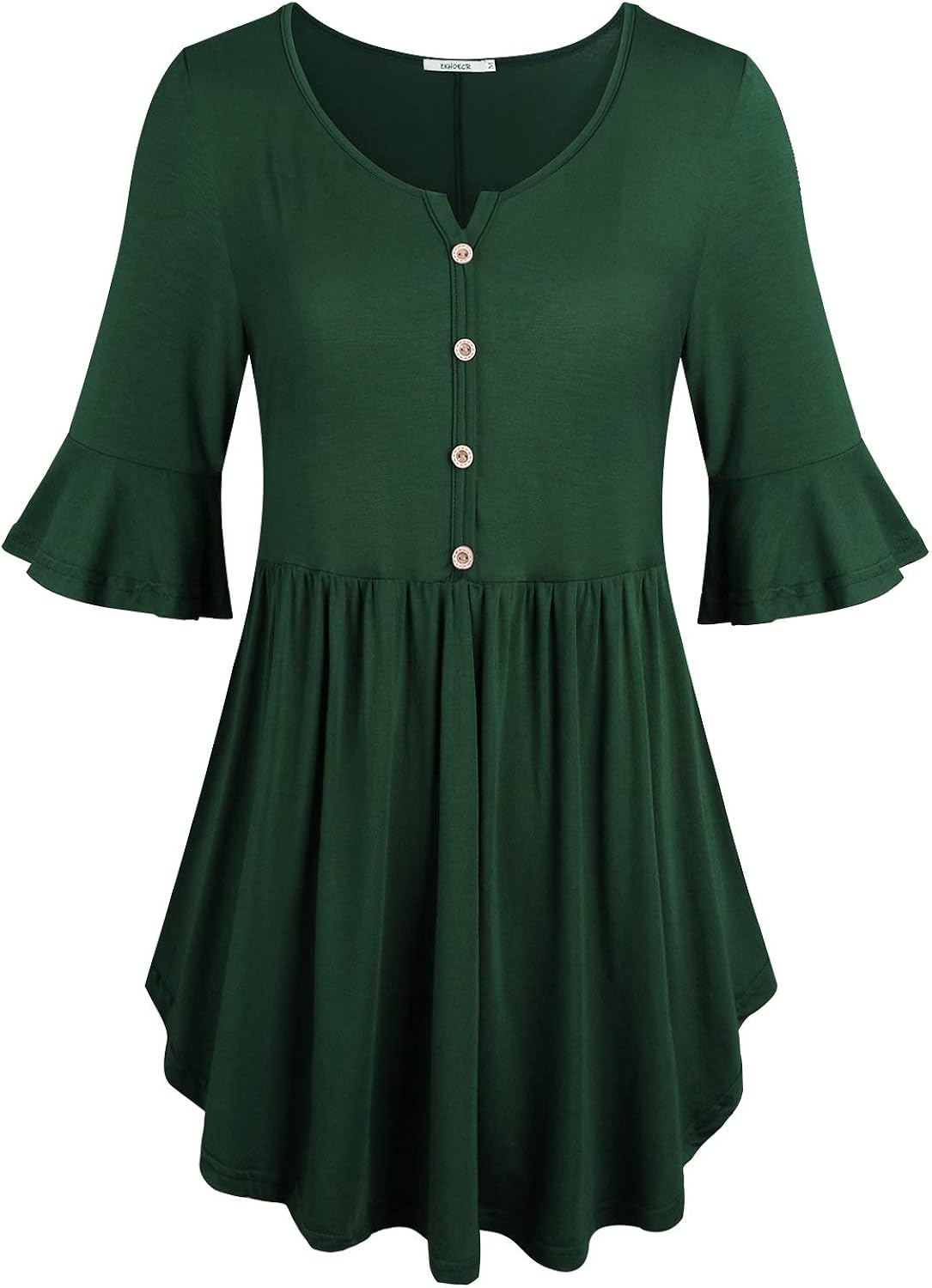 ZKHOECR Women's V Neck 3/4 Bell Sleeve Henley Pleated Casual Tunic Blouse Shirts: Clothing