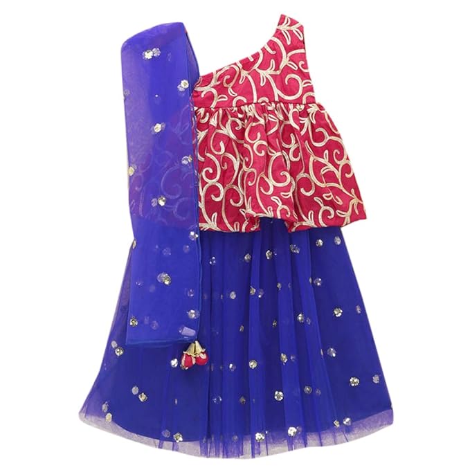 PICCOLO by Hopscotch Baby Girls Cotton Polka Dots Art Print Top And Lehenga Set in Blue Color
