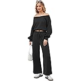 FIOPHY Women's 2 Piece Outfits Lounge Matching Set Off Shoulder Sweatshirt Long Sleeve Top Wide Leg Sweatpant Tracksuits Sets