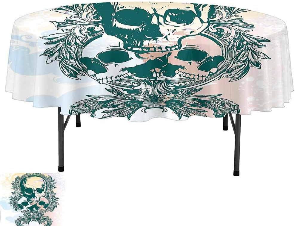 Aishare Store Polyester Fabric Tablecloths, D70 Inch Tablecloth for Restaurant Party, Skull Scary Deadly Rocker Furious Skeleton Head Trio with Frames from Leaves Image Black and White