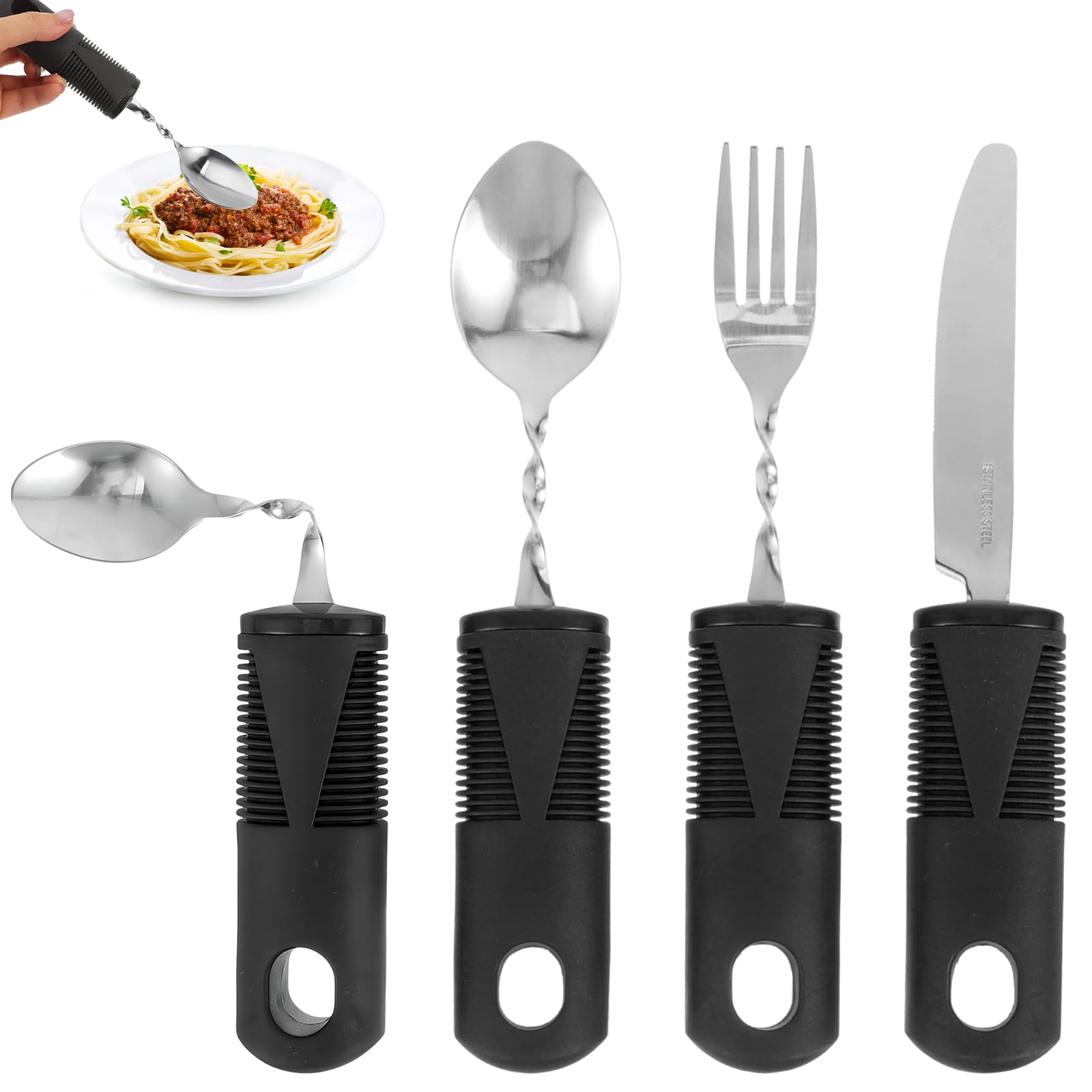 Pizsieat 4 x Parkinson's Cutlery Spoon Thick Handle Easy Grip Vibrating Fork Diet Spoon Anti Shaking Foldable for Elderly Parkinson's and Tremors
