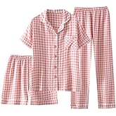 codcm Womens Cotton Pajama Sets Plaid Short Sleeve Button Down Sleepwear Ankle Pants 3 Piece Gingham Pj Set