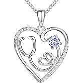 AmorAime 925 Sterling Silver Heart Necklace Nurse Birthstone Necklace 14K Gold Plated or Rose Gold Plated Stethoscope Necklaces for Doctor Medical RN for Festival or Holiday