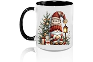 Cute Christmas Gnome Ceramic Coffee Mug, 325 ml 11 oz, Black Handle, Microwave and Dishwasher Safe, Gift for Her, Gift for Hi