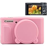 Pocoukate Case for Canon PowerShot SX740 HS Camera, Soft Silicone Protective Cover Skin with Removable Lens Cover for SX740/SX730 HS Accessories Rubber with Tempered Glass Screen Protector - Pink 