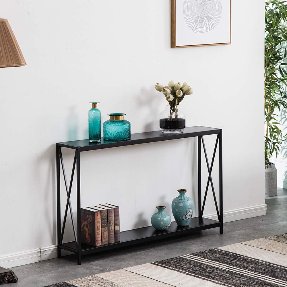 Miyahome 2 Tier X Design Console Table, Wood Sofa Side Table with Storage Shelf Entry Hall Table Accent Table Bookshelf Bookcase Furniture for Living Room Entryway, 47.3×9×29 inches, Black