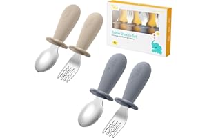 Qkie 4 Pack Toddler Utensils, Toddler Forks and Spoons, Baby Spoons Self Feeding, Stainless Steel Baby Silverware with BPA Free Silicone Easy Grip, 8 Months+