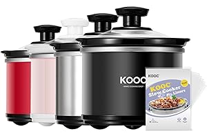 KOOC Small Slow Cooker, 0.65 Quart, Free Liners Included, Upgraded Ceramic Pot, Nutrient Loss Reduction, Sauces, Stews & Dips, Stainless Steel, Black, Round