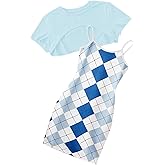 OYOANGLE Girl's Cute 2 Piece Outfits Print Cami Short Dress with Crop Top Tee Set