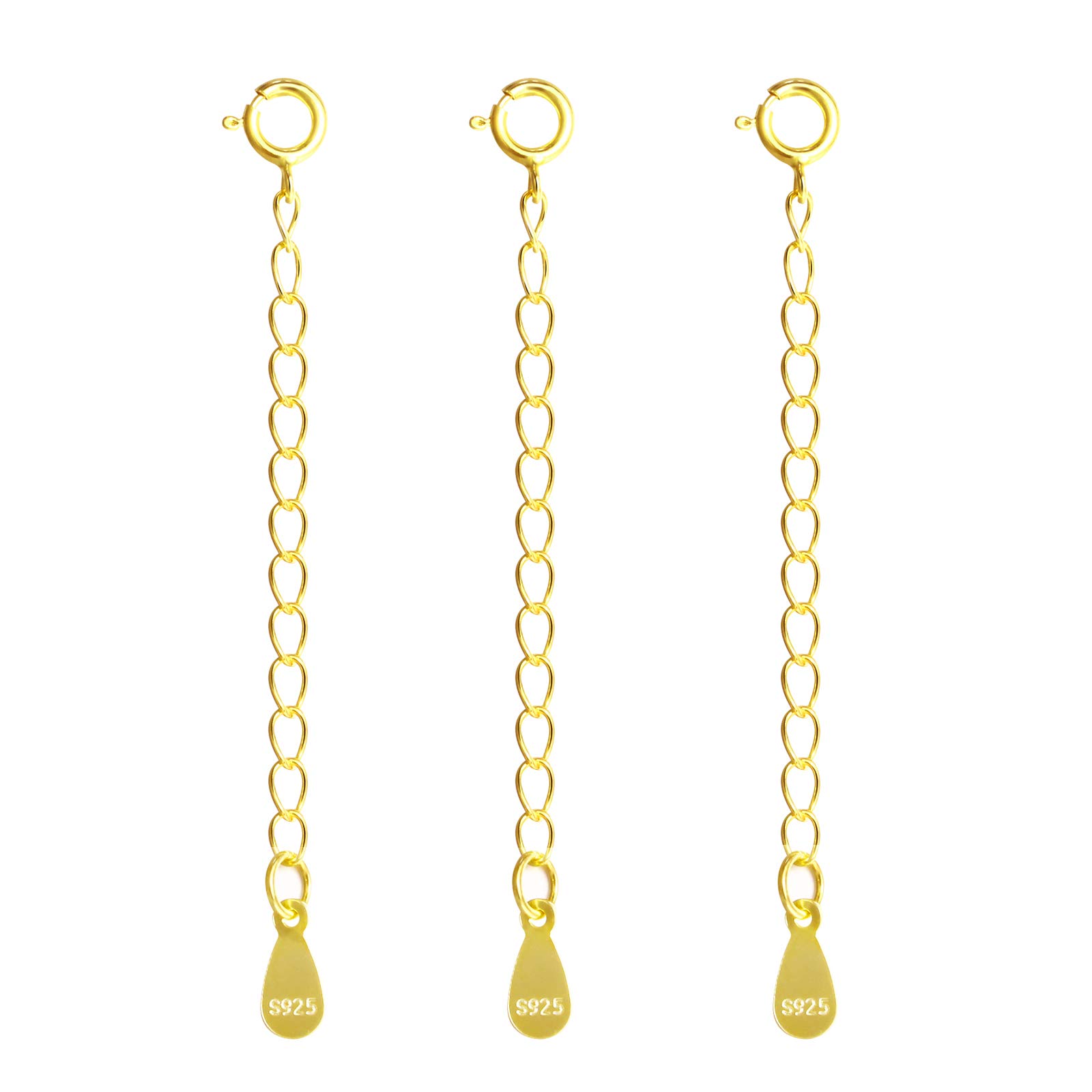 Necklace Choker Extender Gold, 925 Sterling Silver Gold Extenders Chains, Gold Extender Extension for Necklace Bracelet Anklet Jewellery Making Chains, 3PCS 2 inch Extenders