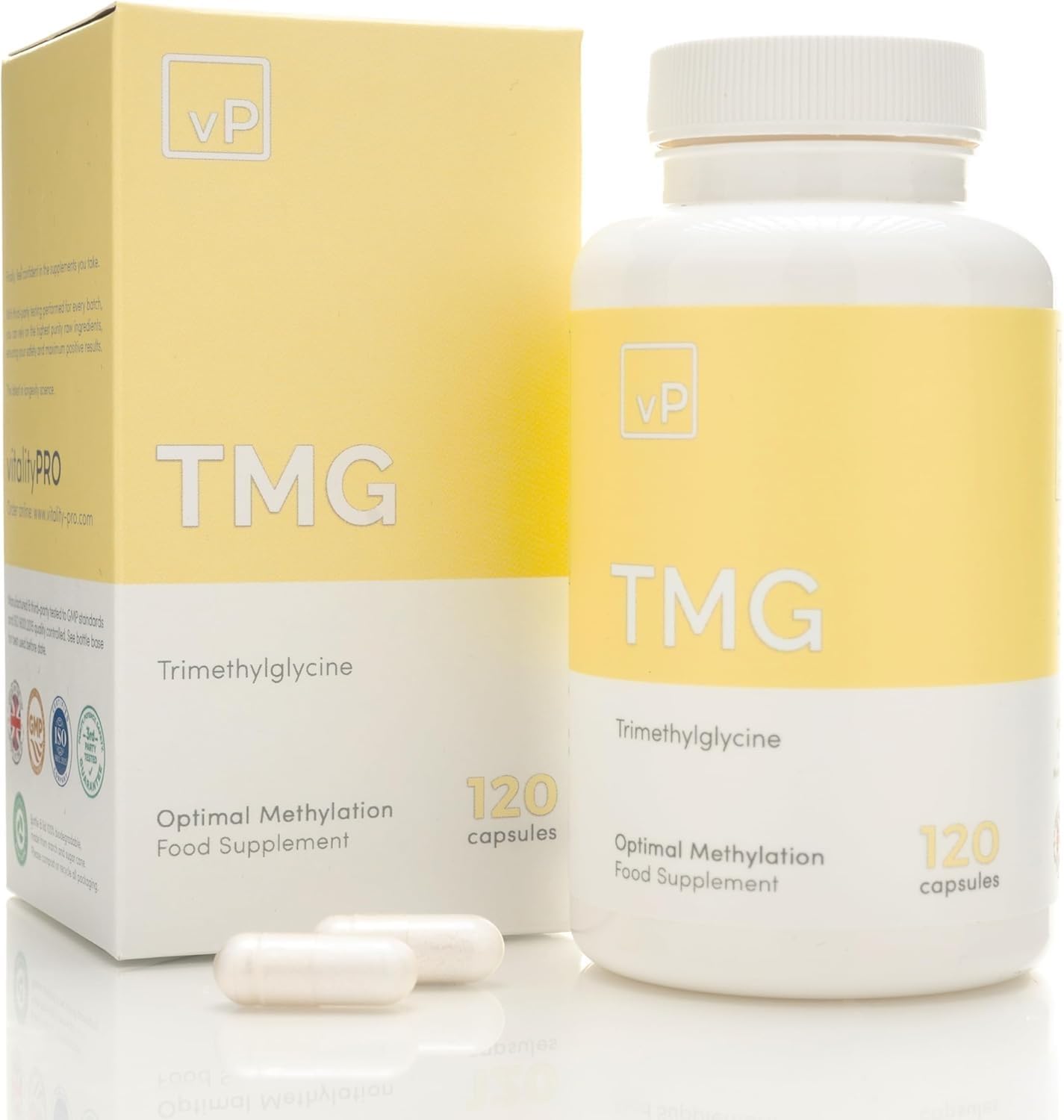 vP Vitality Pro TMG 500mg x 120 Capsules - Third Party Tested Over 99% Purity - Vitality Pro Trimethylglycine Supplement - High Strength TMG Supplement