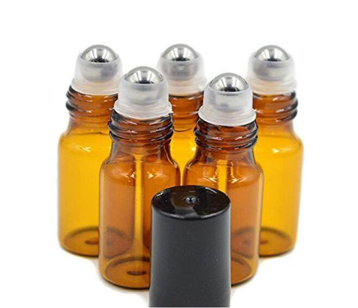 echo-ove 24 Pack Refillable Amber Glass Bottles with Roll-On Black Caps for Essential Oils Aromatherapy Fragrance Lip Balms Gloss Lip Balms