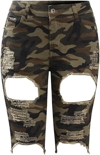 coatsa Camo Torn Bermuda Shorts Woman Mid Waist Stretchy Distressed Denim Camouflage Knee Length 