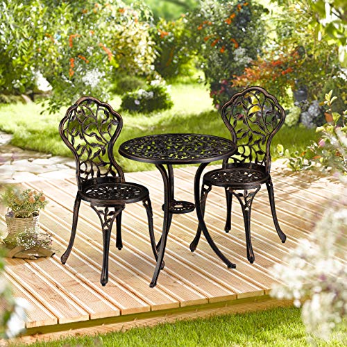 Relaxdays Balkonmöbel Set, 3-teilig, Balkontisch mit 2 Stühlen, verziert, Aluminium, Bistrotisch HxD: 65x60 cm, Bronze – Bild 3