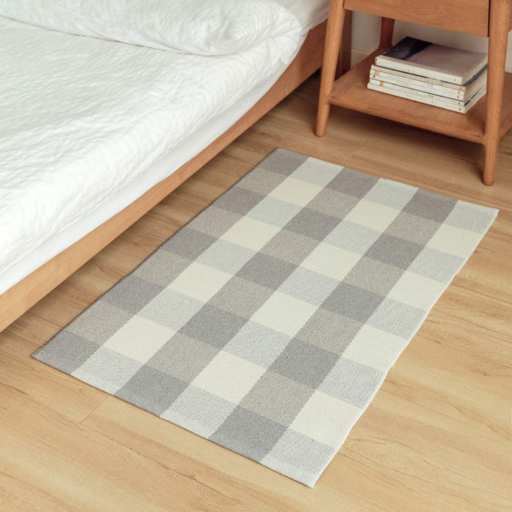 Wolala Home 2'x3' Gray White Buffalo Check/Checkered/Plaid Hand Woven Rugs with Non-Slip Pads for Kitchen/Bathroom/Entry Way/Indoor/Outdoor Porch Area Rug Machine Washable Doormat