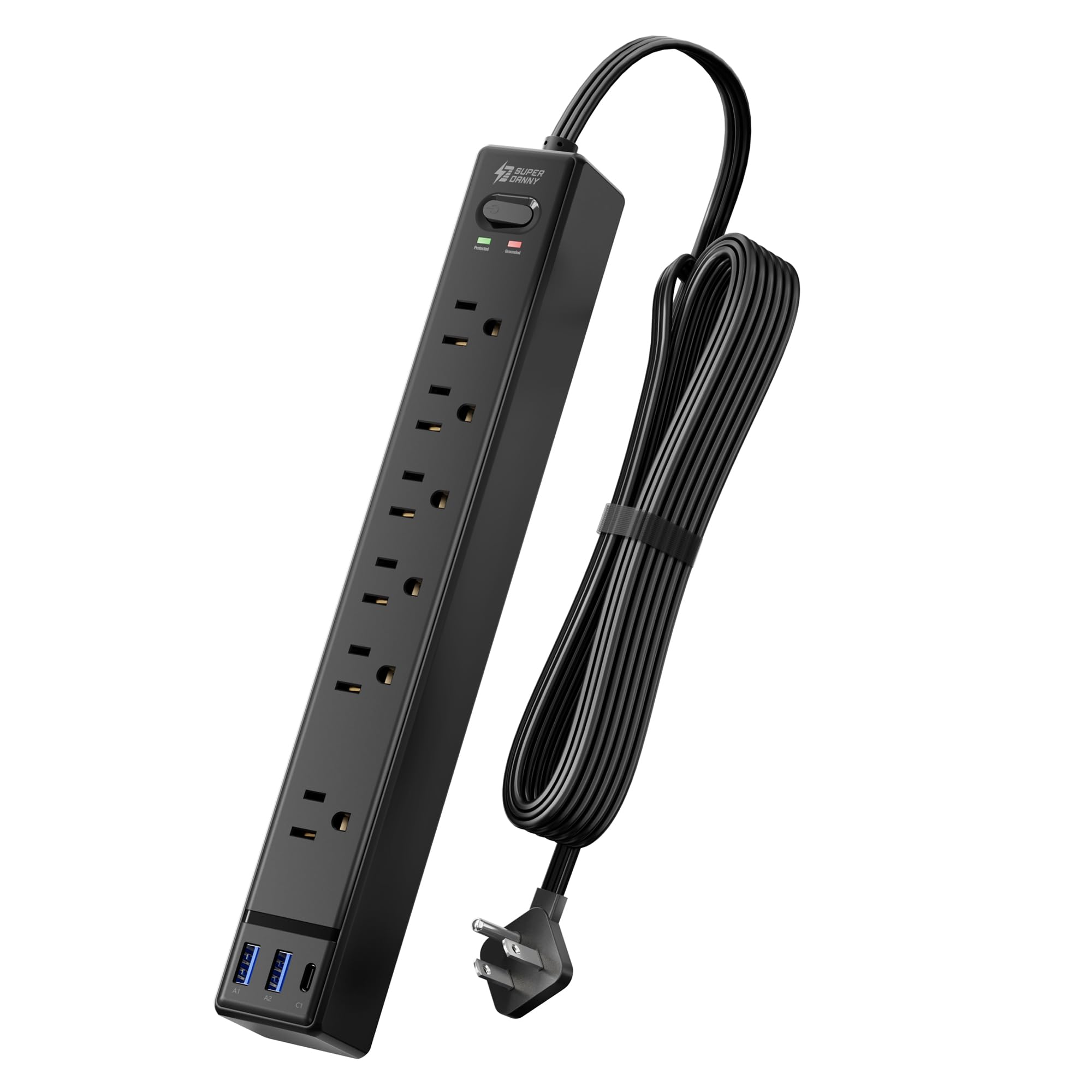 SUPERDANNY 9.8ft Power Strip USB Surge Protector Mountable Extension Cord Multiple Protection 5 Outlet 3 USB Port with Hook & Loop Fastener for iPhone iPad PC Home Office Travel White