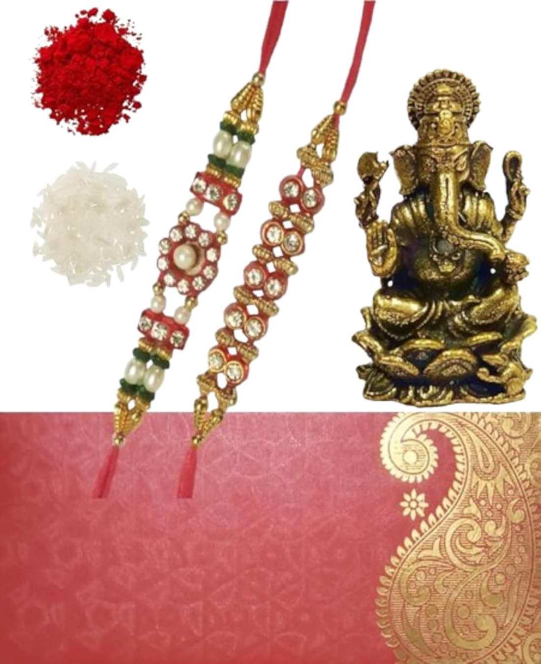 Purpledip Bhai Dooj Rakhi Set for Brother: 2 Rakshabandhan Bracelets, Miniature Ganesha Statue, Roli Chawal Tika (rakhi79a)