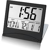 KANBIT Small Digital Travel Alarm Clock Battery Operated, Portable Large Number Display Alarm Clock with Date &amp; Temperature,12/24 H Small Desk Clock-Black(No Light)