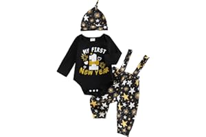BeQeuewll Newborn Baby Boy Mardi Gras Outfit Letters Print Romper Striped Suspender Pants Overalls 3pcs Carnival Clothes Set
