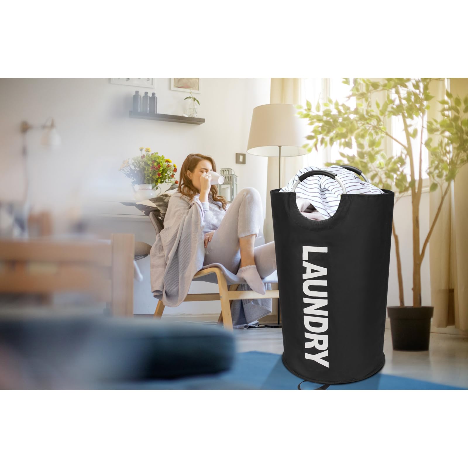 90L Large Laundry Basket, Freestanding Tall Clothes Hamper, Collapsible Laundry Bag, Black