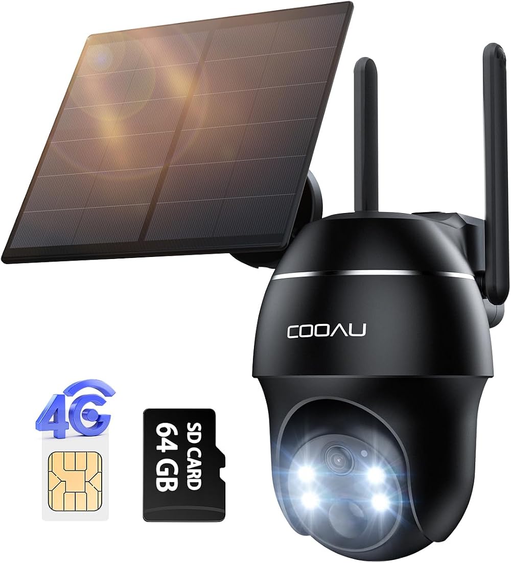 COOAU 4G LTE Solar Security Camera Outdoor 2K 360° PTZ No WiFi 64GB