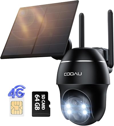 COOAU 4G LTE Solar Security Camera Outdoor 2K 360° PTZ No WiFi 64GB