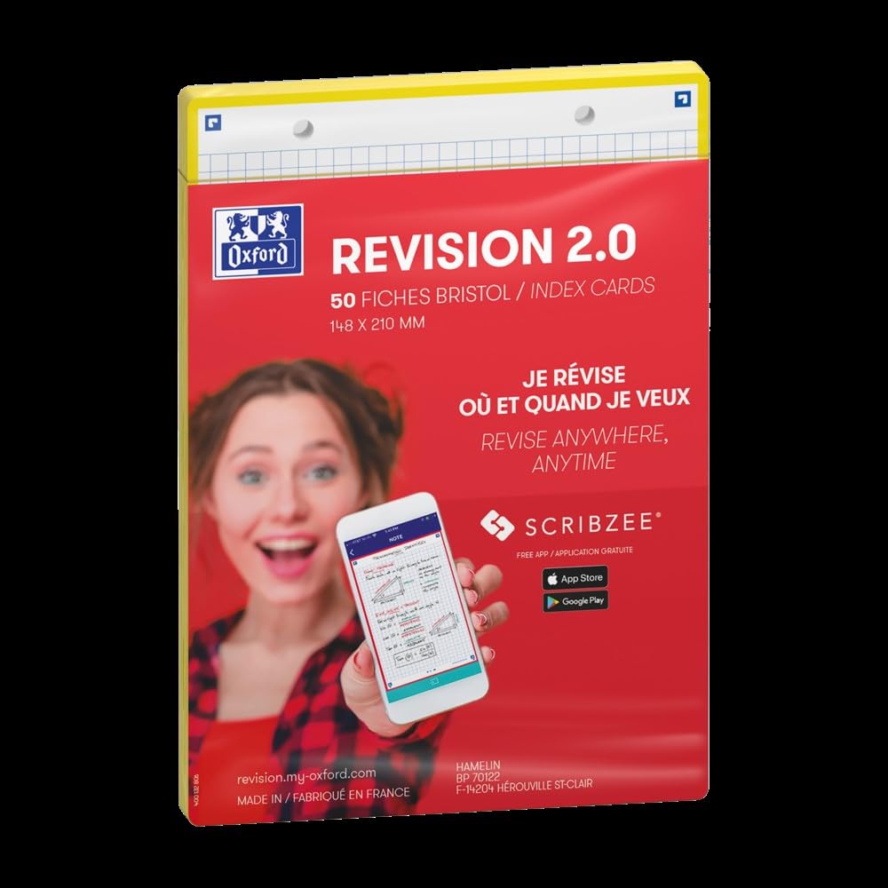 OXFORD Revision 2.0 A5 (14.8 x 21 cm) Small Squares Front/Back Index Cards - Yellow Frame (Pack of 50)