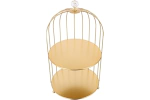 SECFOU Golden 2-Tier Birdcage Cake Stand Rack with Beaded Wire Frame, Decorative Dessert Showcase Pedestal