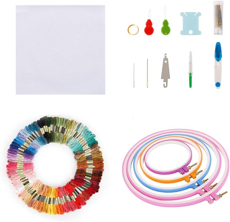 Embroidery Starter Kit for Beginner Cross Stitch Tool Kit with 5 Bamboo Embroidery Hoops 100 Color Threads and Tools (100 x Threads)
