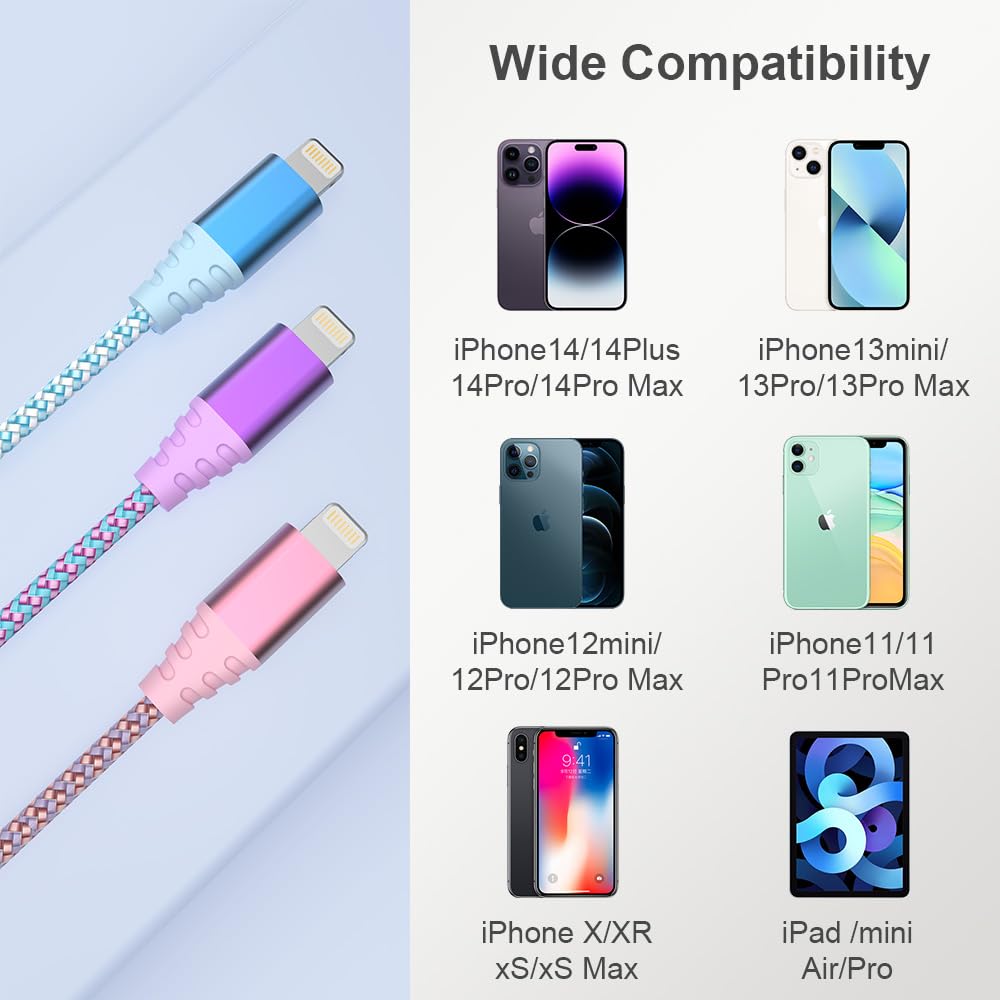 iPhone Charger Fast Charging 3pack 6FT Apple MFi Certified Lightning Cable Nylon Braided iPhone Charger Cord Compatible with iPhone 14/13/12/11 Pro Max/XS MAX/XR/XS/X/8/7 Plus iPad AirPods