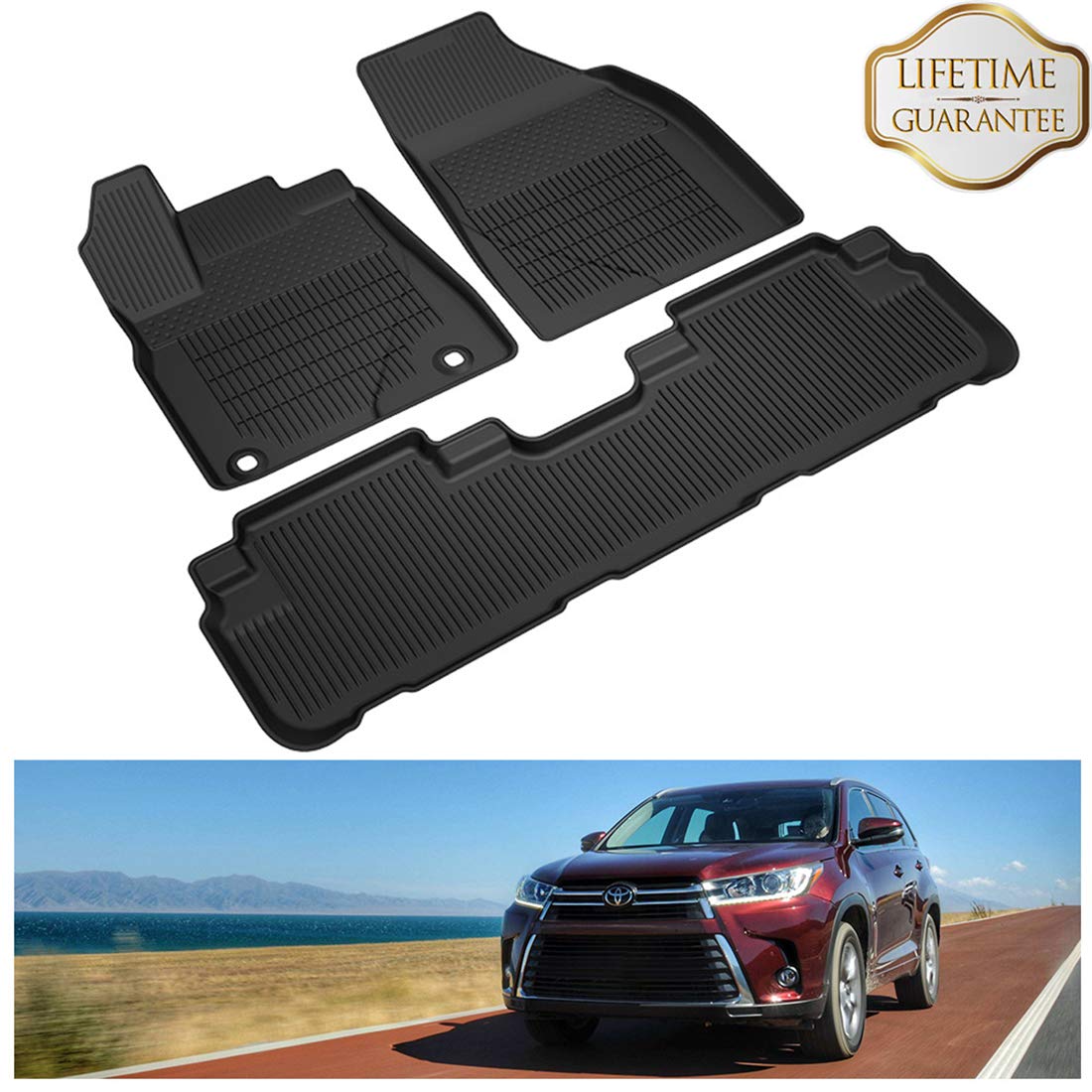 KIWI MASTER Floor Mats Compatible for 2014-2019 Toyota Highlander Accessories All Weather Protector Mat Liners Front Rear 2 Row Seat TPE Slush Liner Black PT908-48165-02